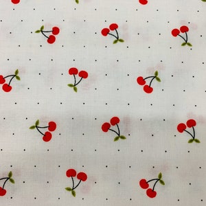 Cherry fabric, summer fruit fabric, fruit fabric, novelty fabric, summertime, white fabric, retro style fabric