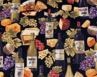 Wine Bottle fabric, grapes, summer fruit, fruit fabric, novelty fabric, summertime, cheese, black fabric