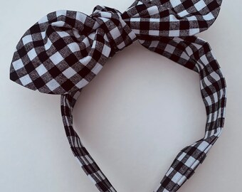 Black and white buffalo check top knot Headband, hair accessory, plaid headband, hairbow, vintage inspired headband