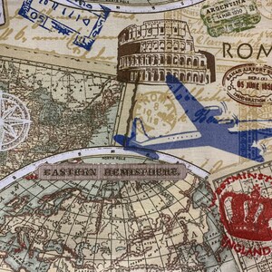 May include: Fabric with a vintage travel theme. The design includes a world map, compass rose, stamps, and illustrations of landmarks like the Colosseum and an airplane. The color palette features beige, blue, brown, and red.