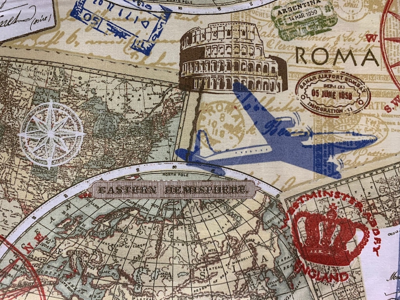 May include: Fabric with a vintage travel theme. The design includes a world map, compass rose, stamps, and illustrations of landmarks like the Colosseum and an airplane. The color palette features beige, blue, brown, and red.