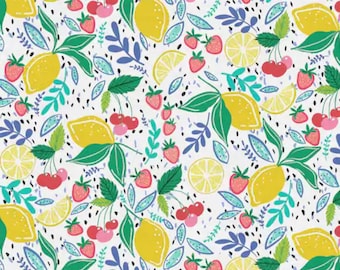 Colorful mixed fruit fabric, summer fruit, fruit fabric, novelty fabric, summertime, strawberries, cherries, lemons