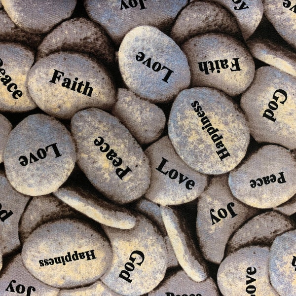 Peace Pebbles fabric, positive affirmations, religious, inspirational fabric, Rocks fabric, river rocks, love rocks fabric