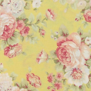 Yellow pink rose Shabby Chic style floral fabric, flower, shabby fabric, cottage style, English style fabric, yellow fabric