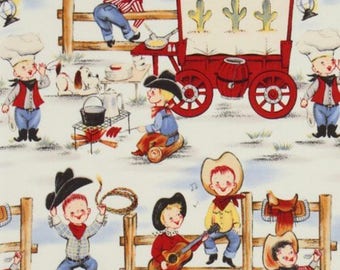 Michael Miller vintage retro style Lil Cowpokes fabric, cowboy fabric, 50&#39;s style fabric, novelty fabric, western style, retro