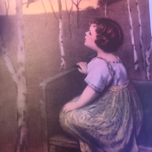 May include: An antique painting depicts a young person seated on a bench, gazing upward at a bird perched on a tree branch. The person wears a light-colored dress with a patterned skirt. The background features a sunset and bare trees.