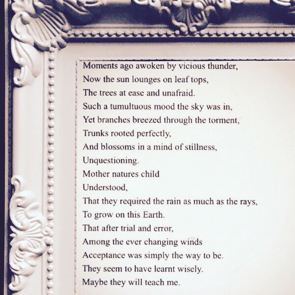 Poem by Anna F. 'Mother nature's child' hemp/cotton/recycled/sugar paper/embellisments/card mounted/framed. A5 or smaller typewriter poetry