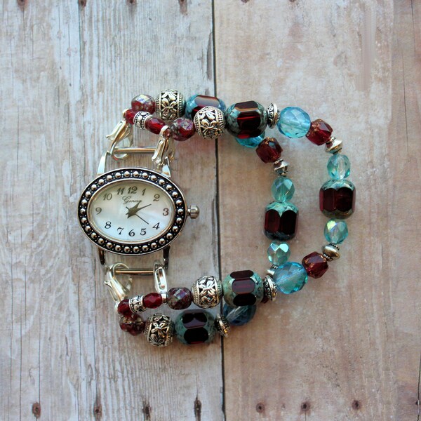 Red Barrel Czech Picasso Faceted Beads, Red Crystals, Aquas and Silvers Stretch Interchangeable Band w Silver Oval Dotted Design Watch Face