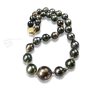 Tahitian Pearls And Diamond Accents Necklace, 9-14.5MM Baroque Tahitian Pearls In 14KT Solid Gold & Diamonds Choker Necklace