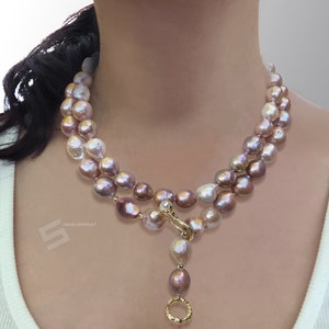 Metallic Baroque Pearls Long Necklace, 45" Kasumi Pearls & Sterling Silver Toggle Clasp Lariat Necklace, Freshwater Pearls Two Rows Necklace