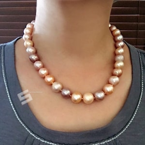 11-14MM Real Pearls 14K Gold Necklace, Multicolored Freshwater Cultured Pearls Solid Gold Clasp Necklace, Edison Pearls Statement Necklace