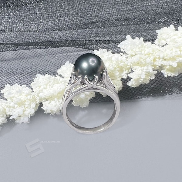 Genuine Tahitian Pearl Ring, AAA grade 10-11MM South Sea Black Pearl In Sterling Silver Ring, Tahitian Cultured Pearl Ring, Valantine's Ring