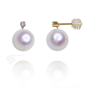 Akoya Pearls And Diamonds 18KT Gold Earrings, Convertible 8.5-9mm Japanese Akoya Pearl In Solid Gold Studs, Genuine south Sea Pearl Earrings