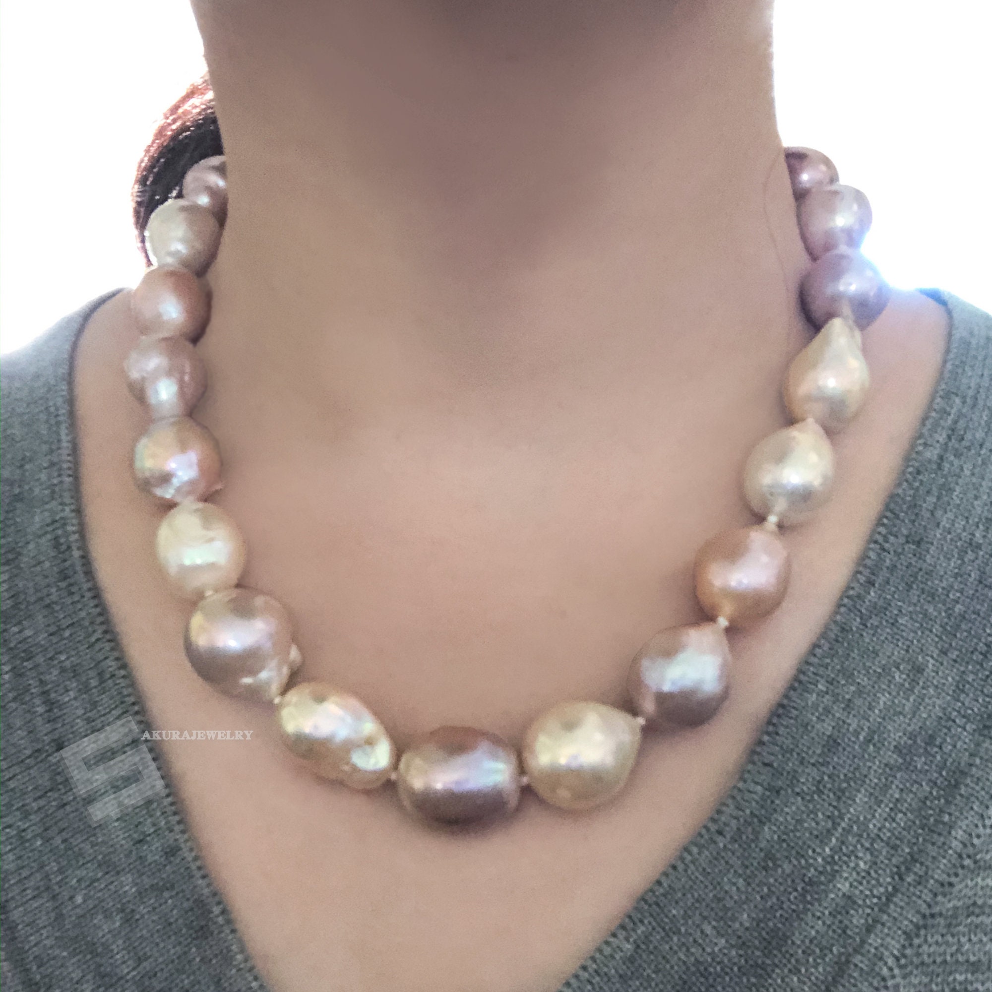 Large Baroque Cultured Pearls Necklace 13-15MM Natural 