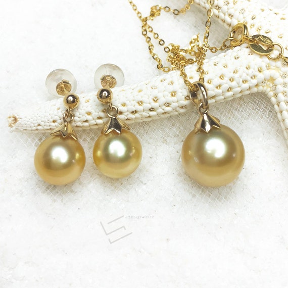 Real Golden Pearls in Solid Gold Jewelry Set Saltwater Pearls - Etsy