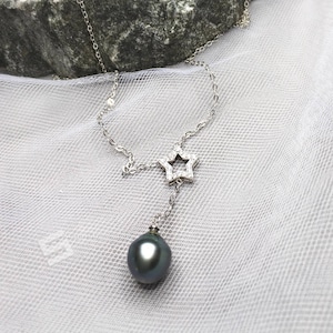 Cultured Tahitian Pearl In Silver Lariat Necklace, 10-11MM Black Pearl With Sterling Silver Necklace, Tahitian Pearl Adjustable Necklace