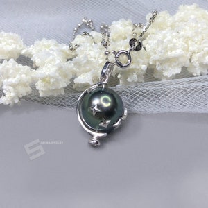Collier authentique pendentif tahitien en perles d’argent, perle noire de la mer du Sud en collier Sterling Silver Globe, collier de perles de culture tahitienne