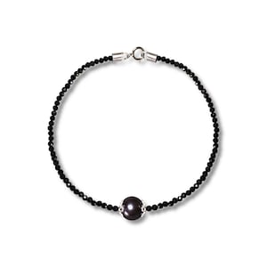 Delicate Black Spinel Bracelet With Black Pearl In Sterling Silver, Tiny Black Gemstone Skinny Stacking Bracelet, Black Spinel Jewelry