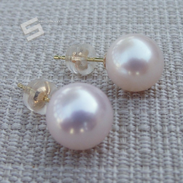 Perlas reales en aretes de oro de 18 quilates, perlas cultivadas de grado AAA de 8-9 mm, 10-11 mm, aretes de oro macizo de 18 quilates, perlas de agua dulce y pernos de oro
