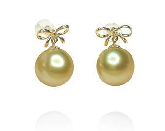 Pendientes de oro macizo de 18 quilates con auténticas perlas doradas cultivadas de los Mares del Sur, grado AA. Pendientes de oro macizo con auténtica perla dorada.
