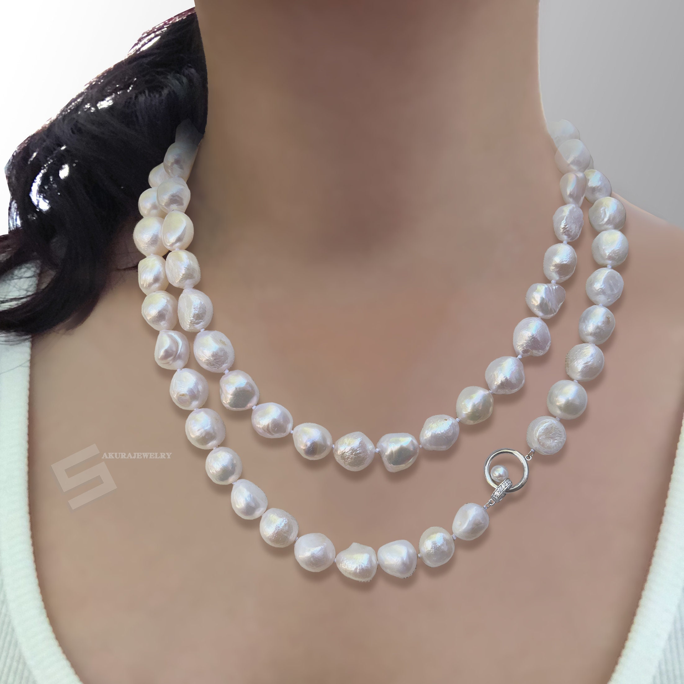 【LARICA】 Baroque Pearl Necklace Big Baroque Pearls Lariat Necklace, 12-13MM Freshwater
