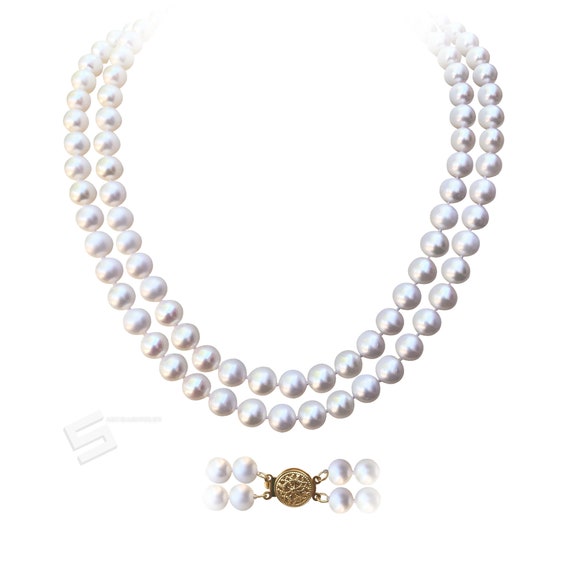 14K Gold 2-Strand Round Shaped Pearl Clasp Two-Sided