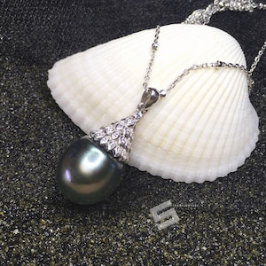 Tahitian Cultured Pearl Necklace, 12-13MM Baroque Tahitian Pearl In Sterling Silver Pendant Necklace, Black Pearl And 925 Silver Necklace