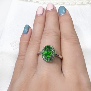 Natural Tsavorite And 14KT Gold Ring, Untreated Neo Green Tsavorite With Double Halo In Solid White Gold Band Ring, Green Garnet Ring