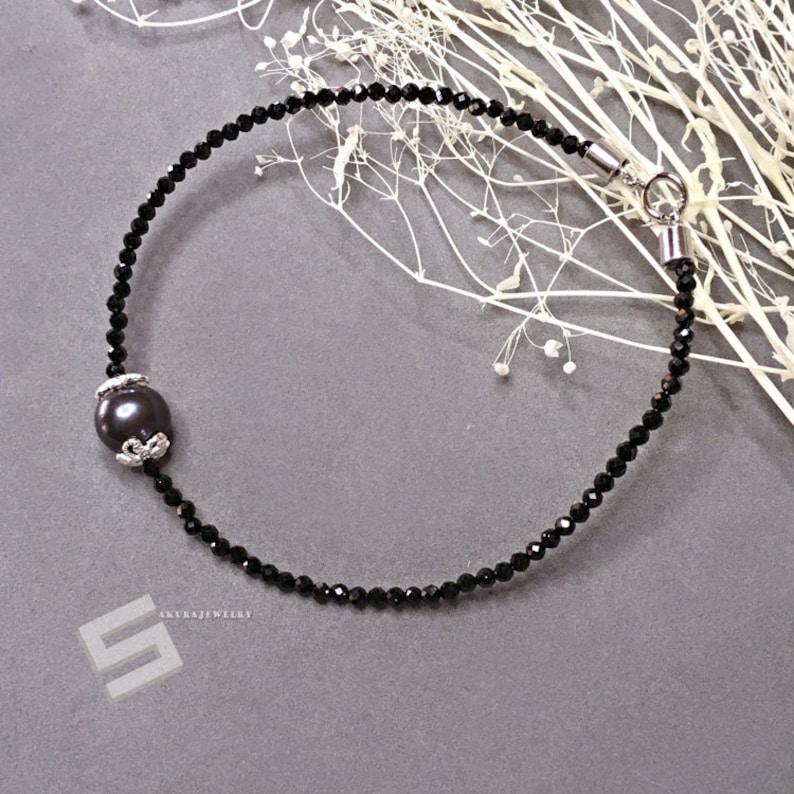 Black Spinel Jewelry Tiny Black Gemstone Skinny Stacking Bracelet Delicate Black Spinel Bracelet With Black Pearl In Sterling Silver