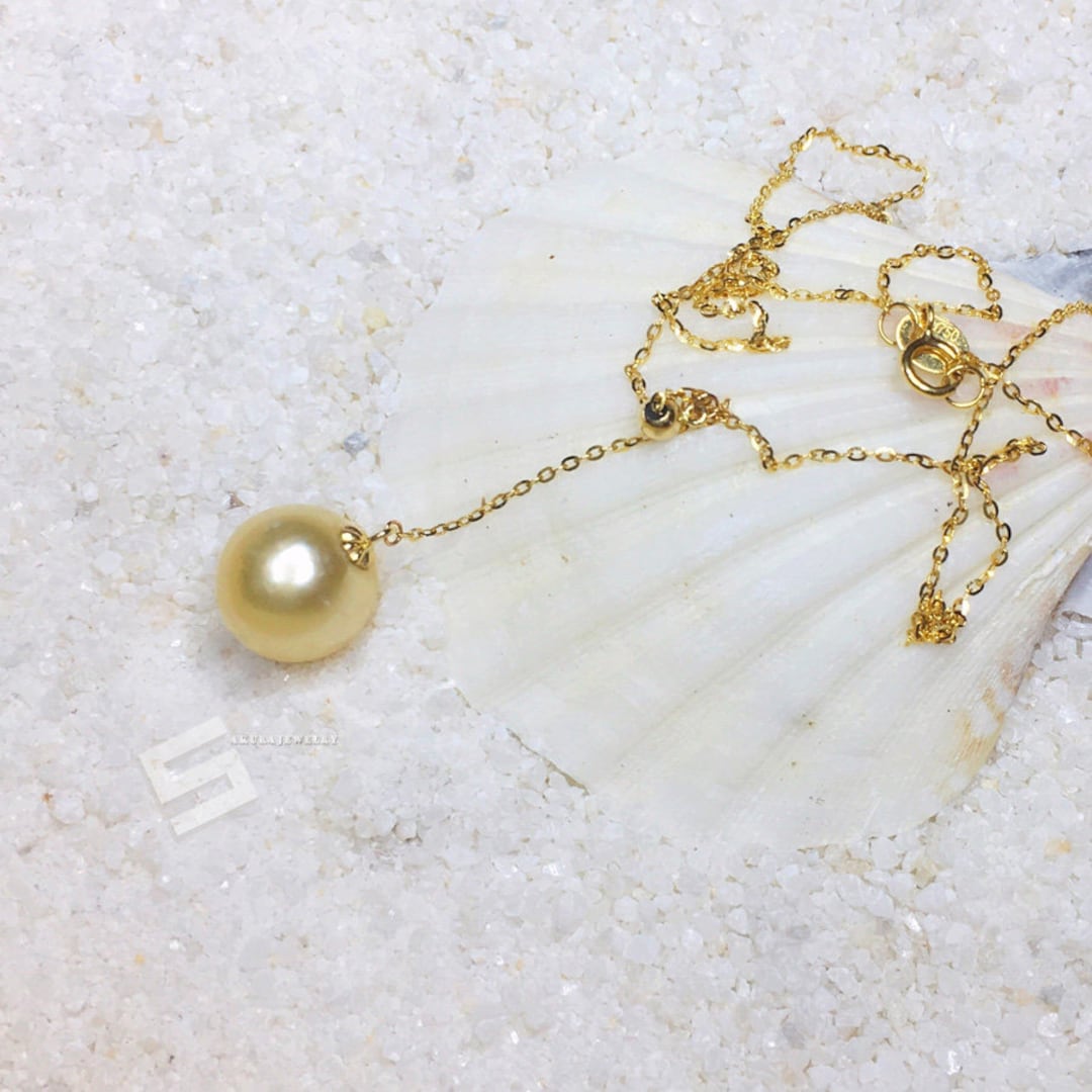 Golden Pearl & 18KT Gold Necklace, 11.5MM Authentic Golden South Sea ...