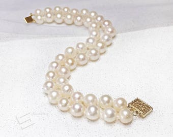 Double Strand Pearl Bracelet, AA+ Grade Cultured Pearls & 14K Gold Filled Clasp 2 Rows Bracelet, Freshwater Pearl Bangle, Real Pearl Jewelry