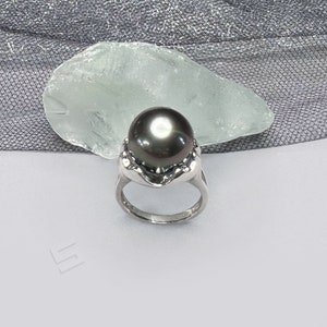 Australian Tahitian Pearl Ring, 12-13MM Southsea Black Pearl Sterling Silver Ring, Authentic Tahitian Pearl Statement Ring, Valantine&#39;s Ring