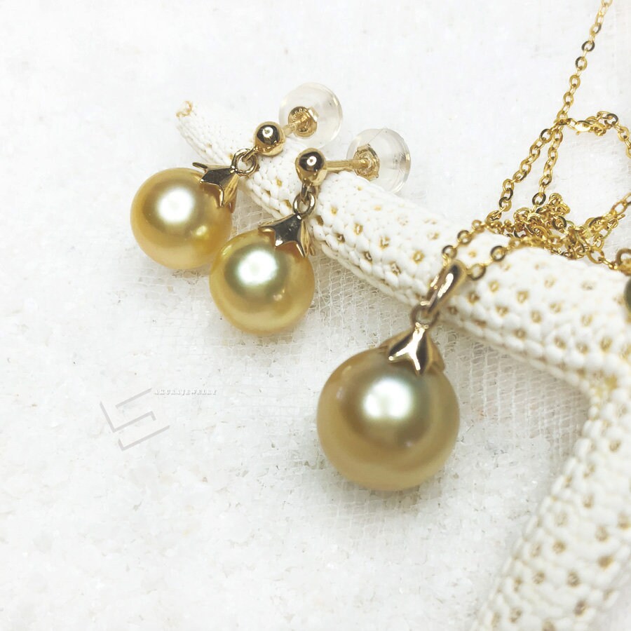 Real Golden Pearls in Solid Gold Jewelry Set Saltwater Pearls - Etsy