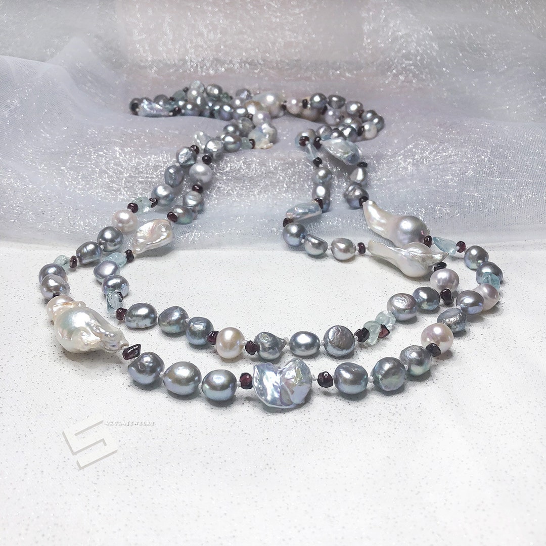 Multi Sized Real Pearls and Gemstones Necklace Baroque Pearls - Etsy