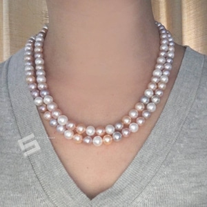 AAA Grade Pearl 14K Gold Clasp Double Strands Necklace, 8-9MM Two Rows Freshwater Cultured Pearl And 14KT Solid Gold Clasp Necklace