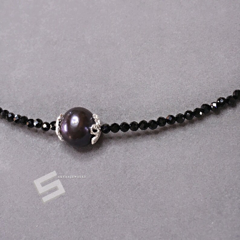 Black Spinel Jewelry Tiny Black Gemstone Skinny Stacking Bracelet Delicate Black Spinel Bracelet With Black Pearl In Sterling Silver