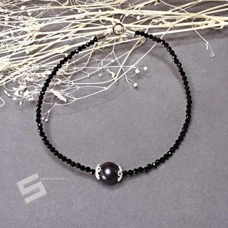 Black Spinel Jewelry Tiny Black Gemstone Skinny Stacking Bracelet Delicate Black Spinel Bracelet With Black Pearl In Sterling Silver