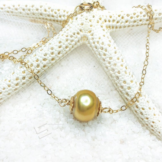 NATURAL 10-11MM GENUINE SOUTH SEA GOLDEN PEARL PENDANT NECKLACE 14K GOLD
