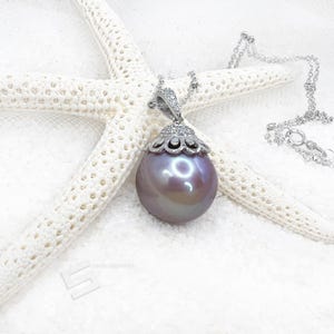 15MM Real Pearl 14KT Gold Pendant, Rare Ultra Violet Freshwater Cultured Pearl In Solid Gold Statement Pendant, Fine Pearl And Gold Jewelry