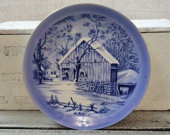 Currier and Ives plate, blue white collectible plate, The Old Homestead in Winter plate, vintage Currier Ives, Japan plate, blue white plate