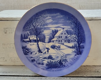 Currier and Ives plate, blue white collectible plate, The Homestead in Winter plate, vintage Currier Ives, Japan plate, blue white plate