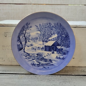 Currier and Ives plate, blue white collectible plate, A Home in the Wilderness plate, vintage Currier Ives, Japan plate, blue white plate