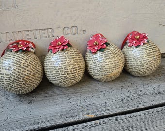 Vintage book page Christmas ornament set of 4, book lover gift, book club gift, repurposed book ornament set of 4, book Christmas ornament