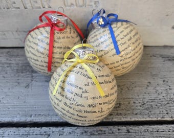 Vintage book page Christmas ornament set of 3, book lover gift, book club gift, repurposed book ornament set of 3, book Christmas ornament