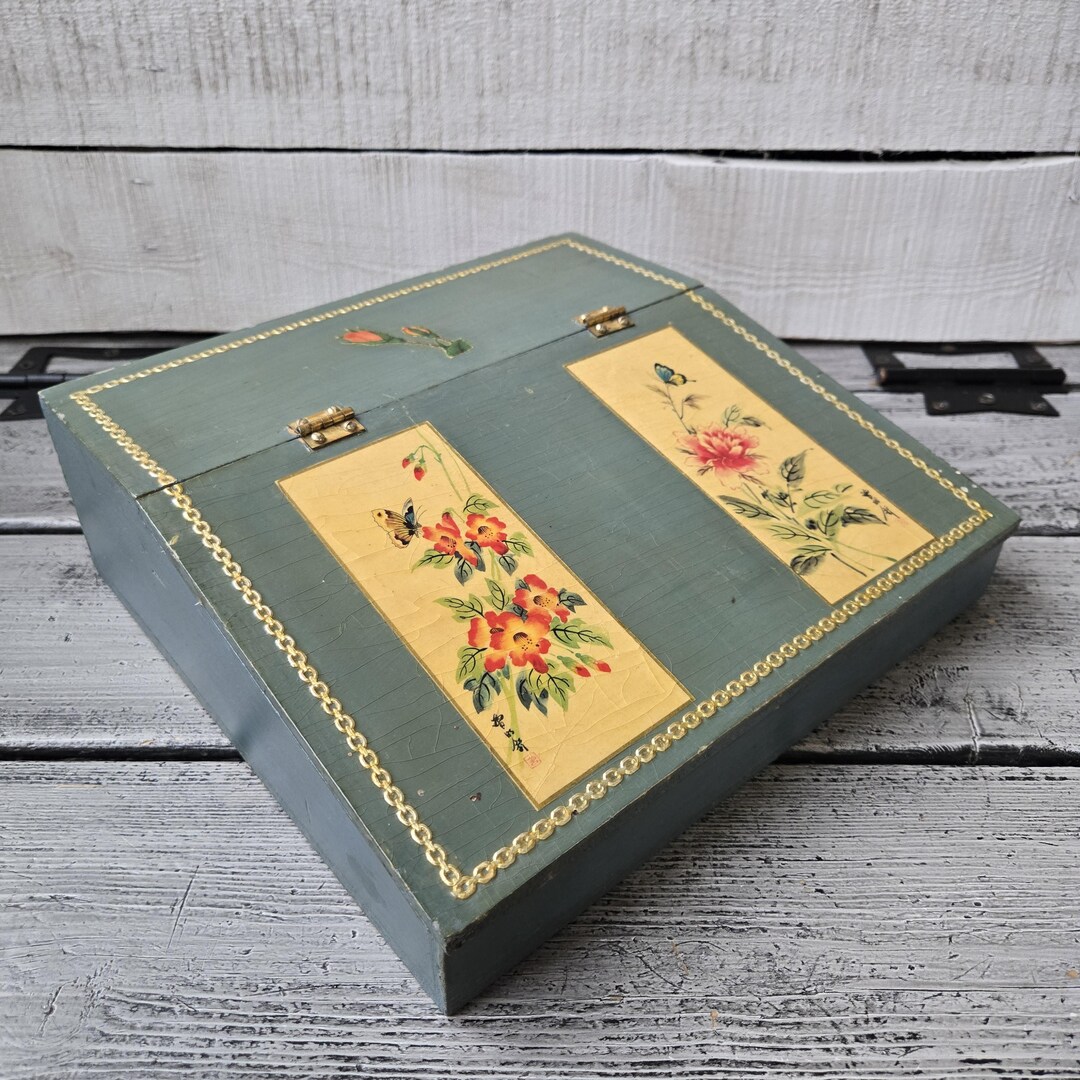 Enwlap Box Vintage Painted Wood Lap Desk, Green Lap Desk, Decoupaged Lap Desk ...
