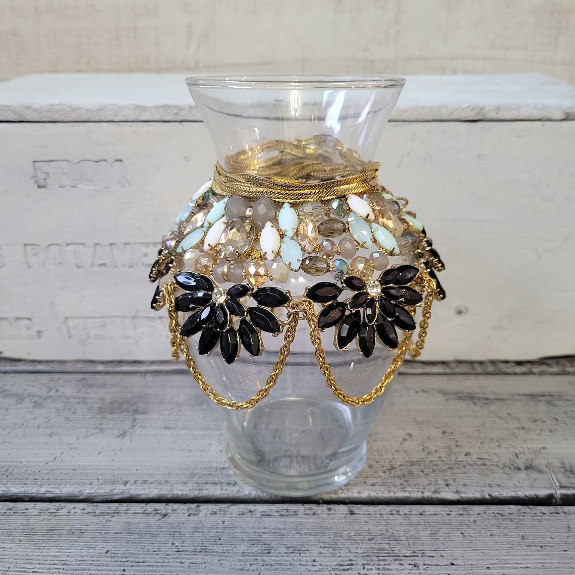 Jeweled Vase Bejeweled Glass Vase Vintage Jewelry Vase Etsy