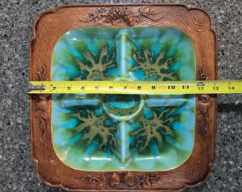 Treasure Craft serving tray green and brown, vintage Treasure Craft divided tray, vintage square serving tray, retro serving tray green