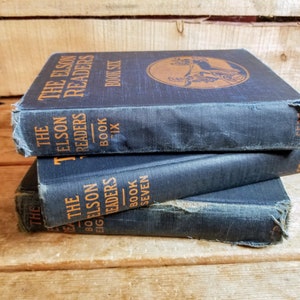 Navy blue book set, tattered book set, distressed books navy blue, blue book set vintage, antique blue books image 1
