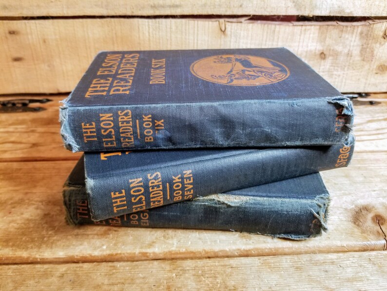 Navy blue book set, tattered book set, distressed books navy blue, blue book set vintage, antique blue books image 1