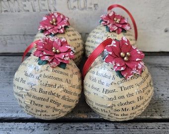 Vintage book page Christmas ornament set of 4, book lover gift, book club gift, repurposed book ornament set of 4, book Christmas ornament